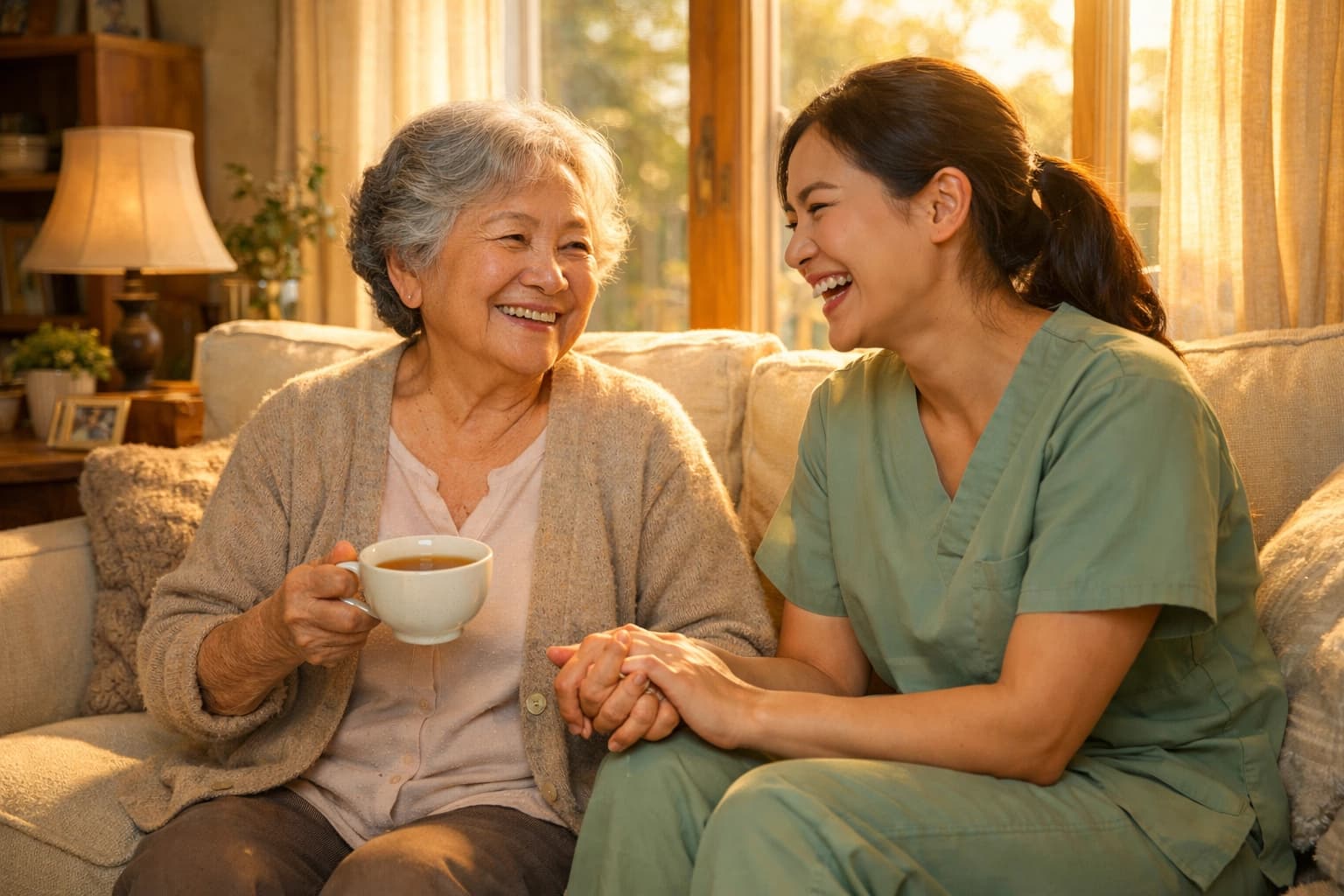 A caregiver sitting with an older woman in a calm home setting
